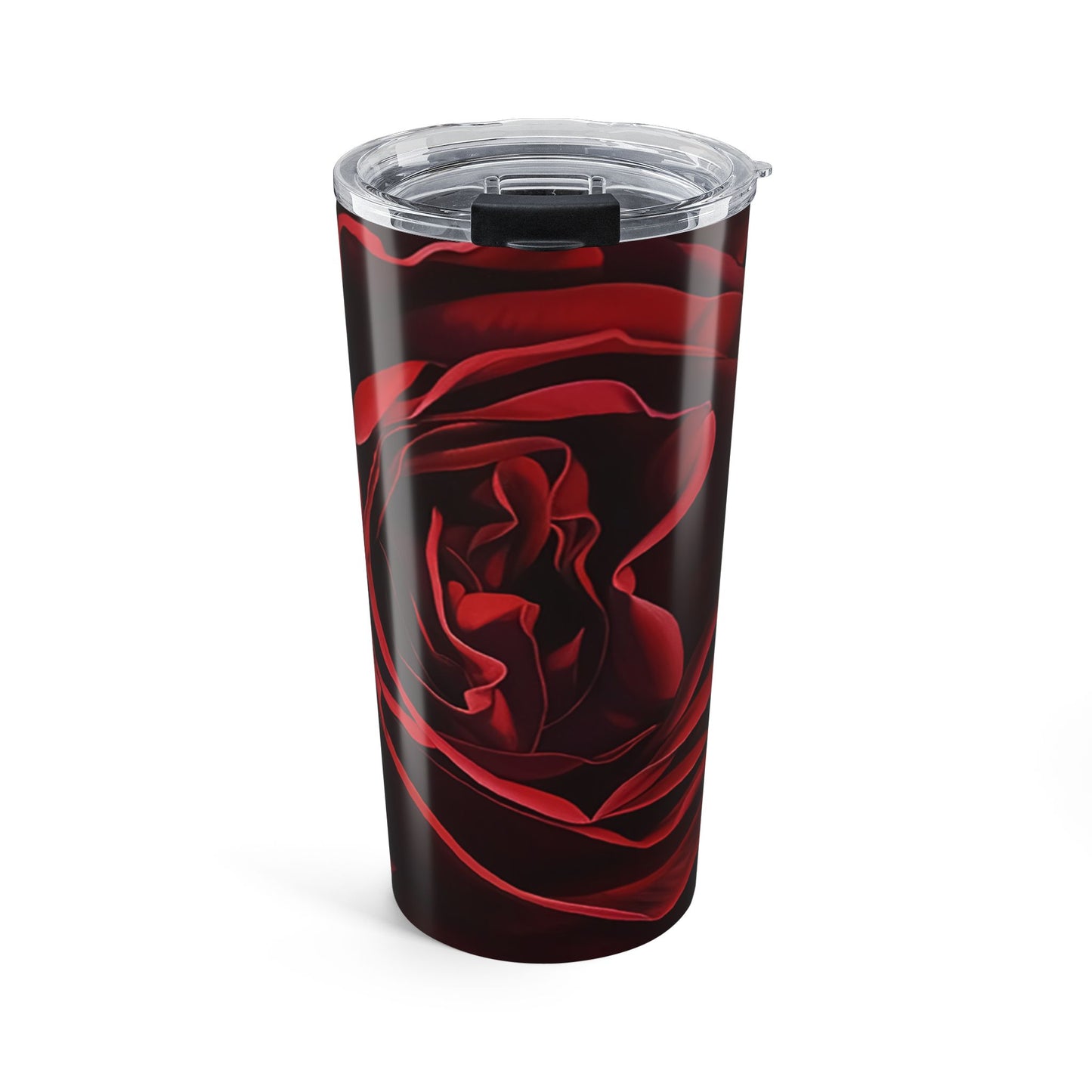 Tumbler with red rose design on a white background