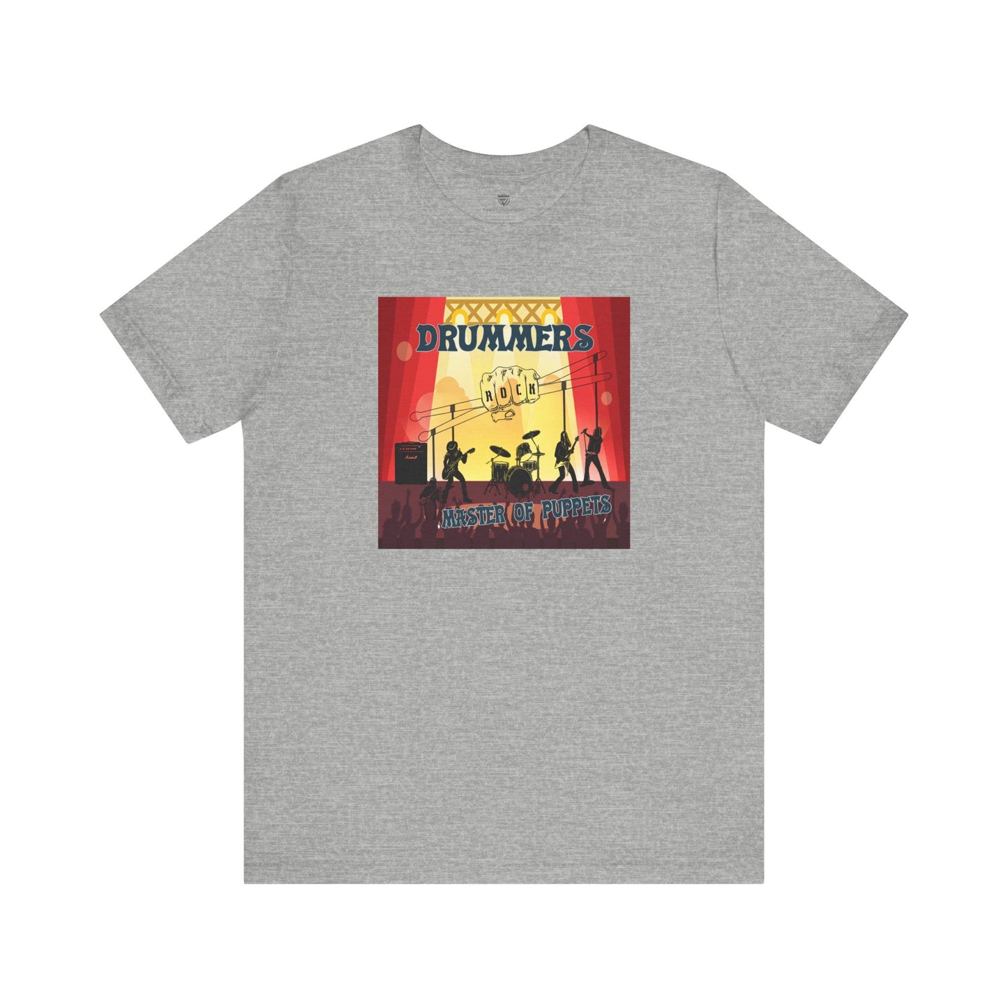 Gray t-shirt with a colorful graphic design on a white background