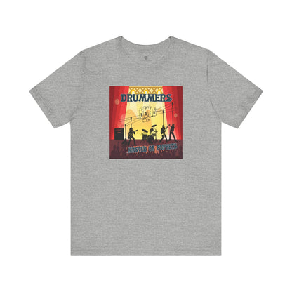 Gray t-shirt with a colorful graphic design on a white background