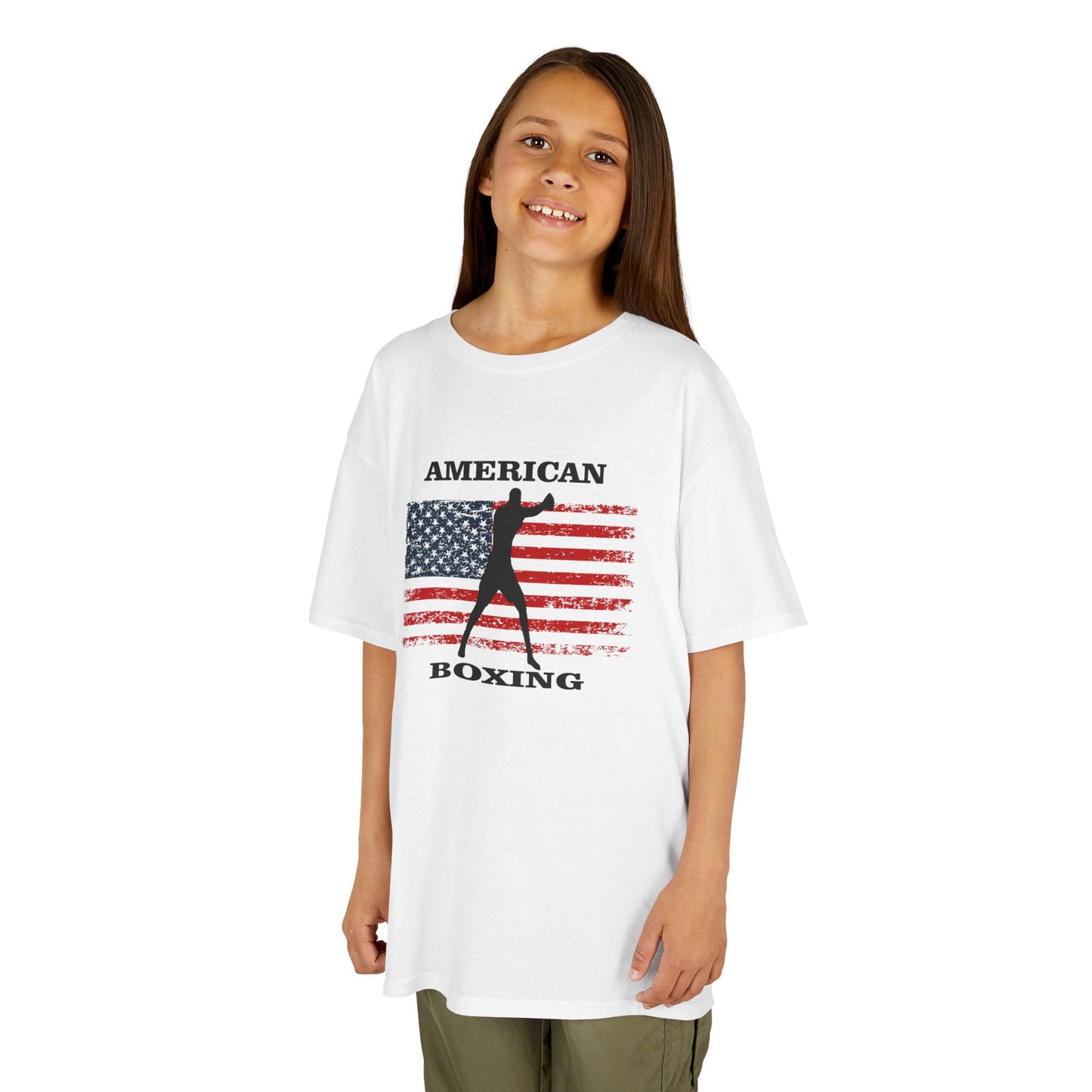 Young girl wearing a white t-shirt with 'American Boxing' design on a white background