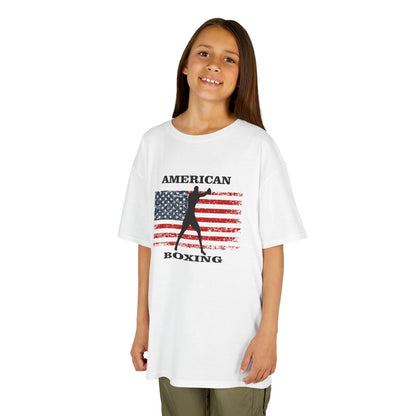 Young girl wearing a white t-shirt with 'American Boxing' design on a white background