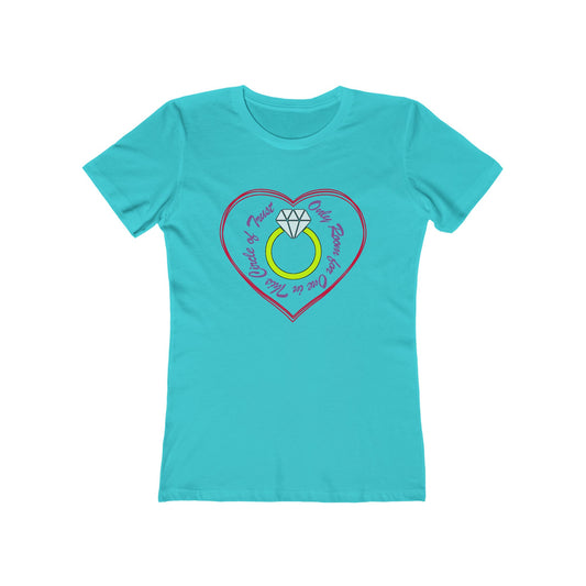 Turquoise t-shirt with a heart-shaped ring design on a white background