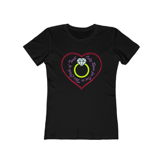 Black t-shirt with a heart-shaped design featuring a ring and text on a white background