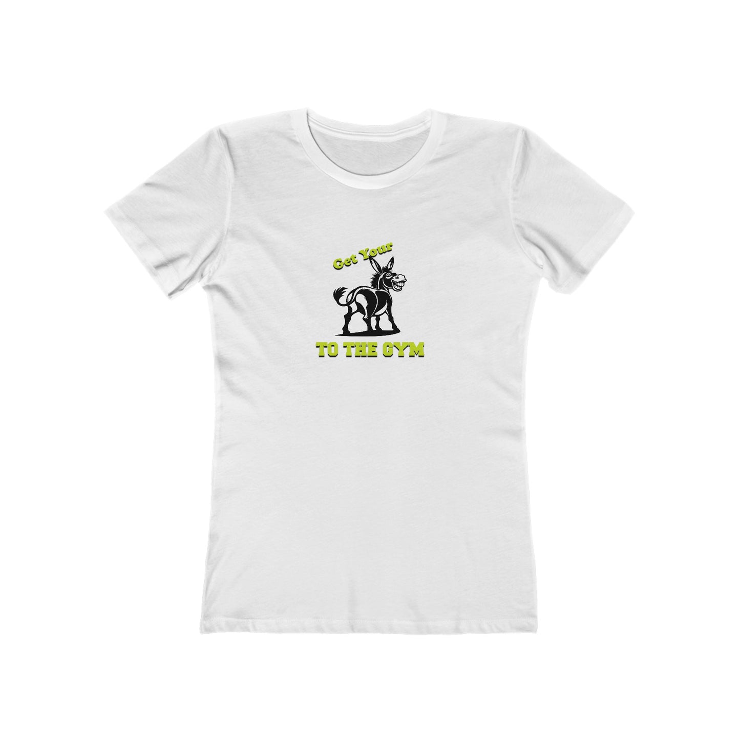 White t-shirt with gym-themed design on a white background