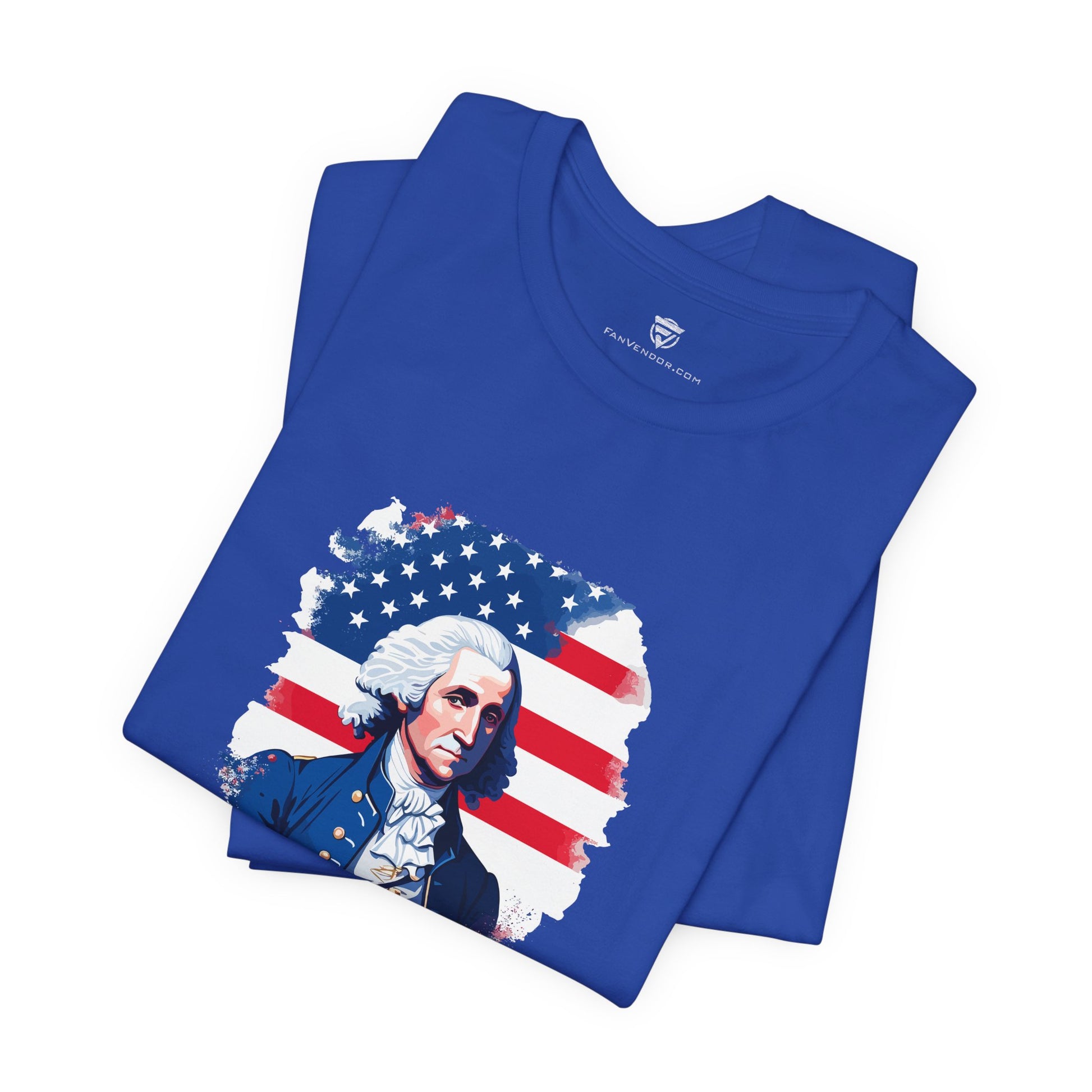 Blue t-shirt with a graphic of a historical figure and American flag design on a white background