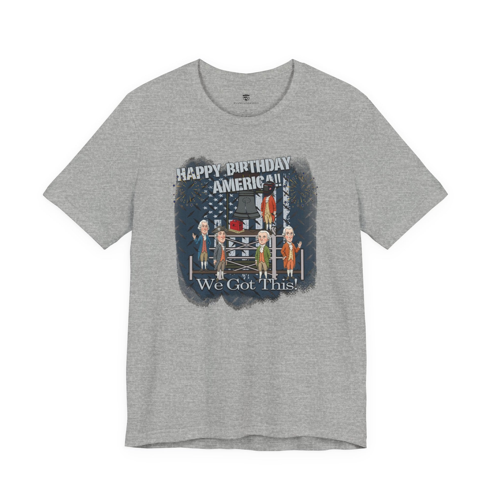 Gray t-shirt with graphic design and text on a white background