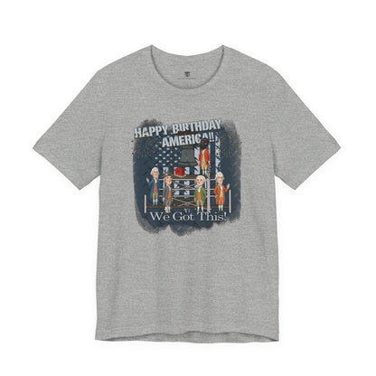 Gray t-shirt with graphic design and text on a white background