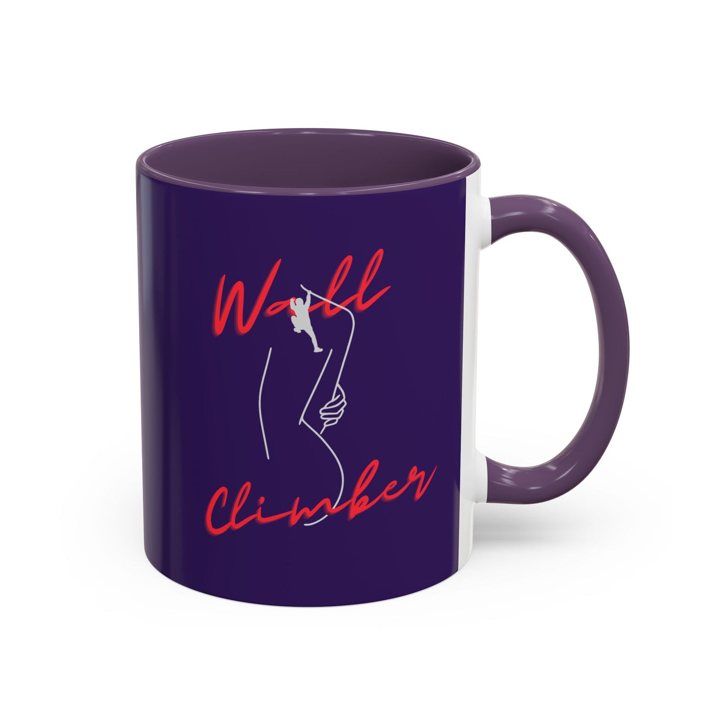 Purple mug with 'Wall Climber' text and graphic on a white background