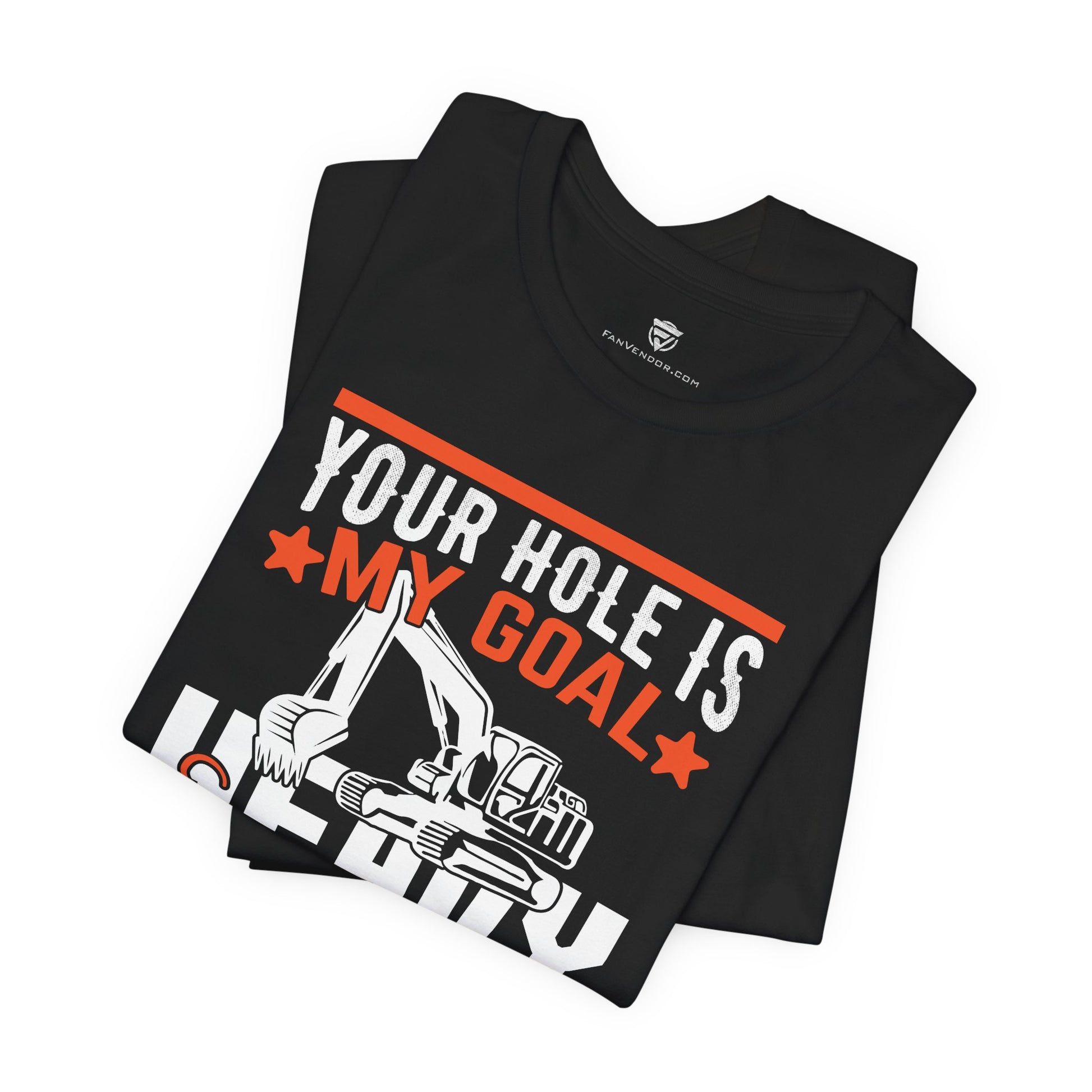 Black t-shirt with graphic design and text on a white background