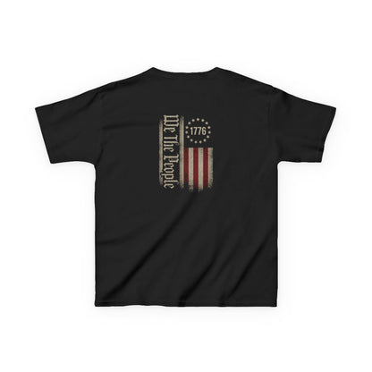 Black t-shirt with American flag design and text on a white background