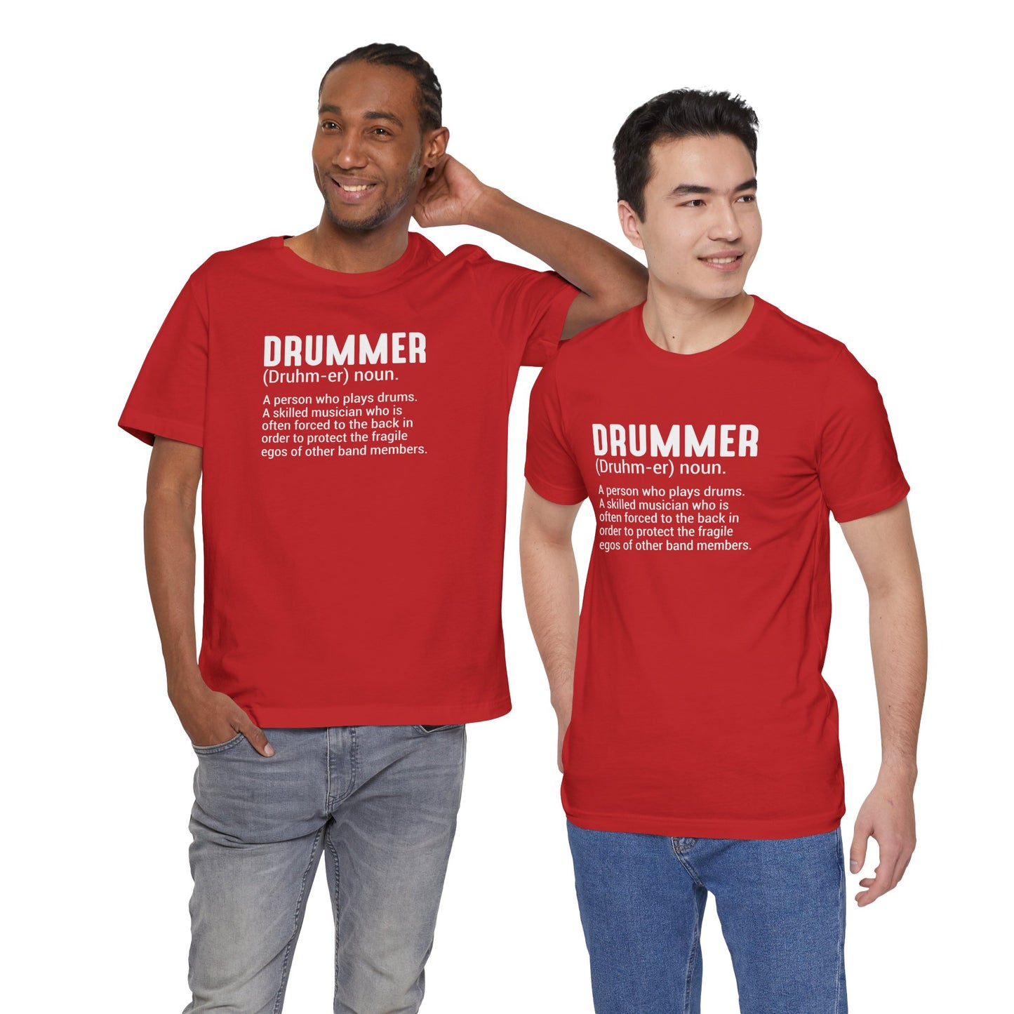 Two men wearing red  t-shirts on a white background