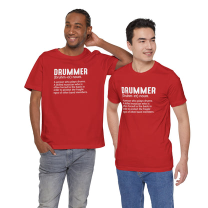 Two men wearing red  t-shirts on a white background
