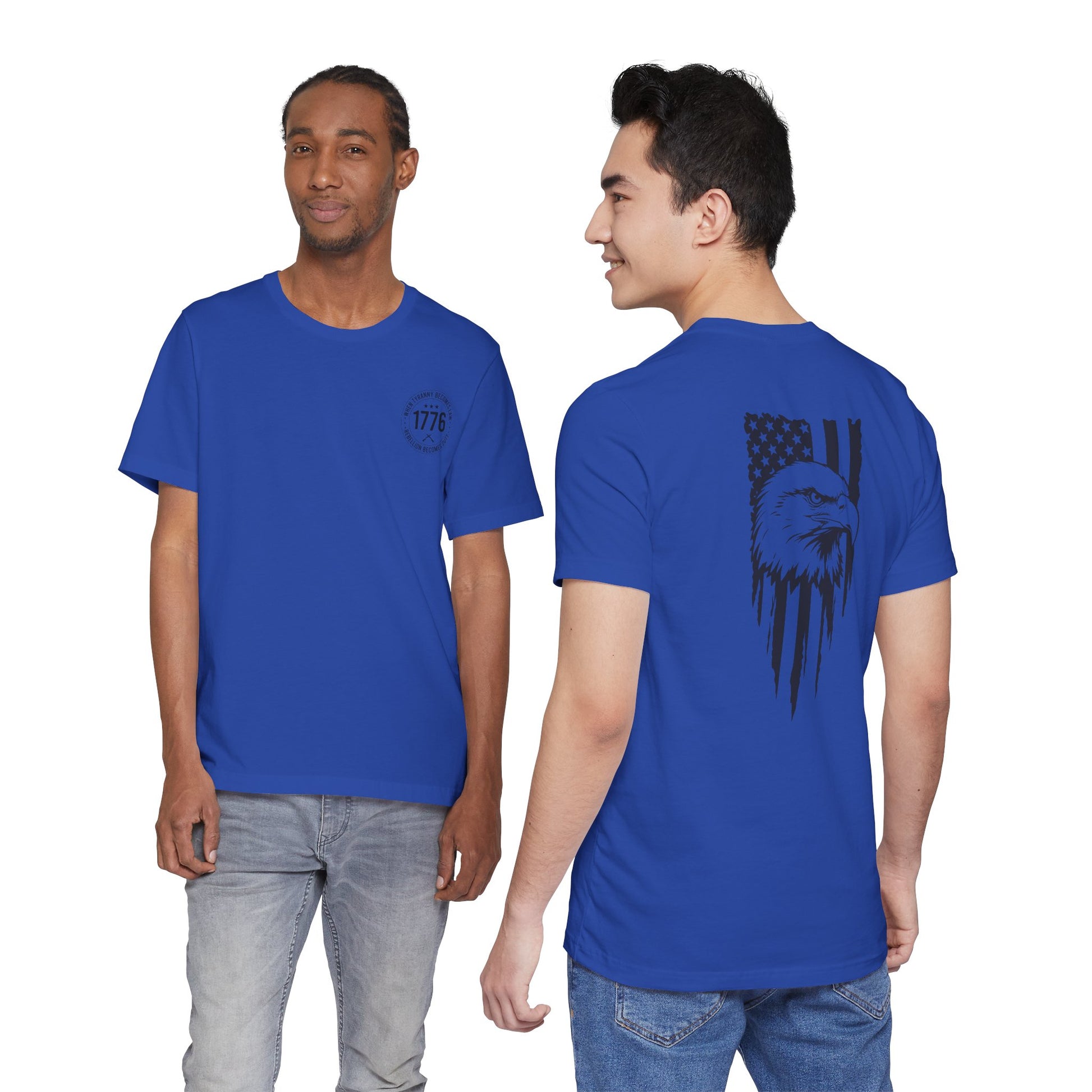 Two people wearing blue t-shirts with a design on the front and back, respectively.