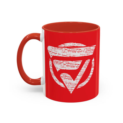 Red mug with a white logo on a white background