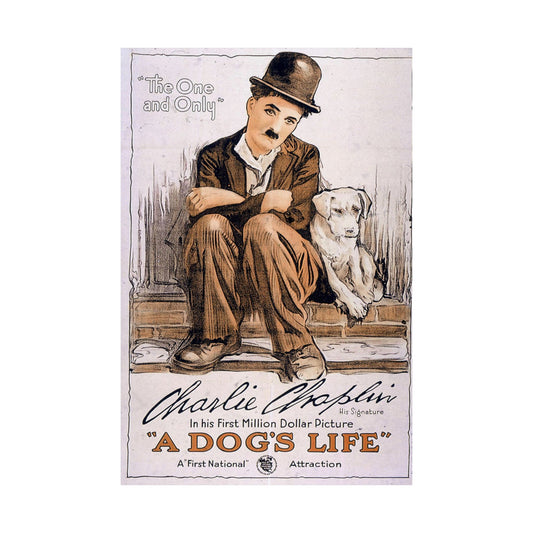 Vintage movie poster featuring Charlie Chaplin and a dog, with text 'A Dog's Life' on a white background.