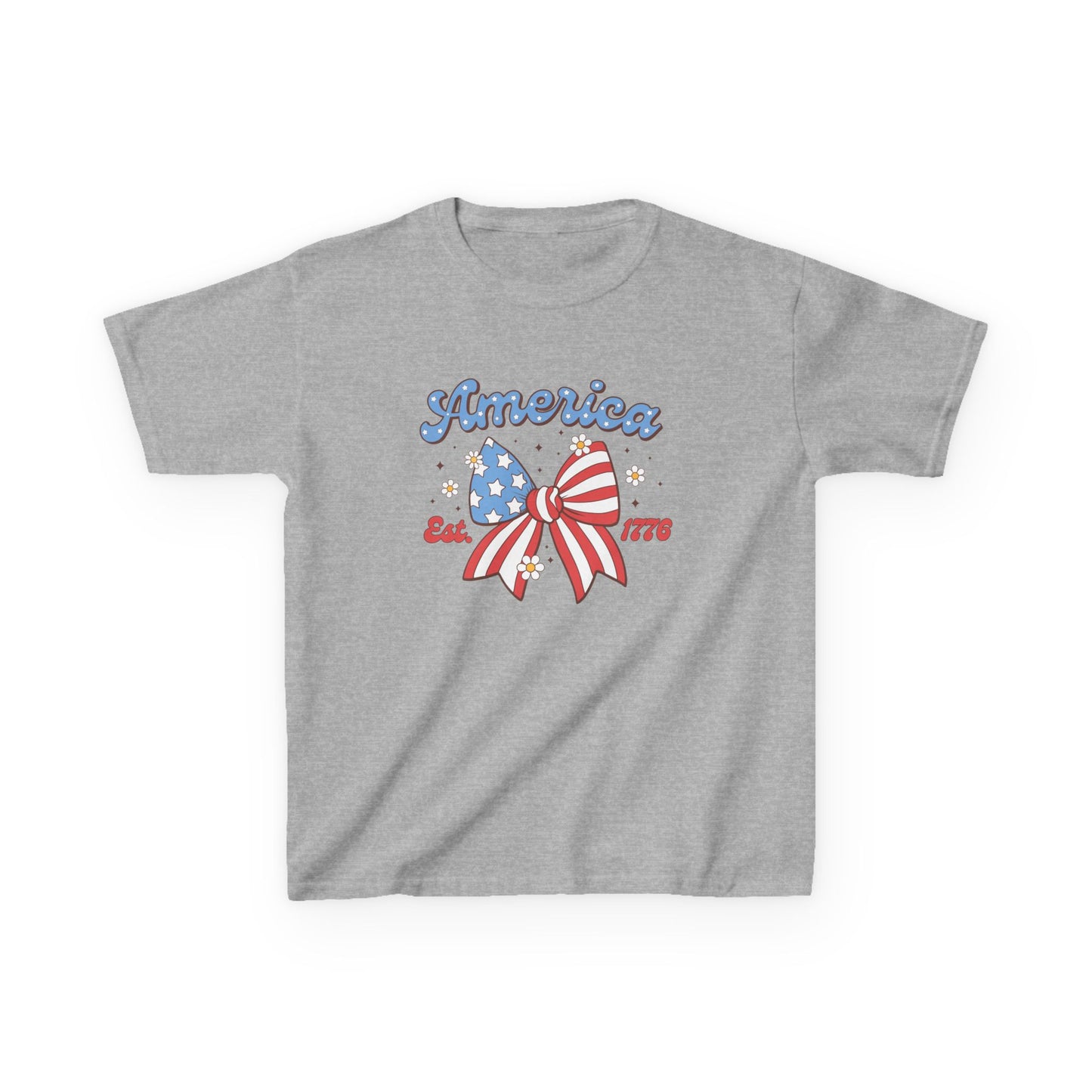 Gray t-shirt with 'America' and flag design on a white background