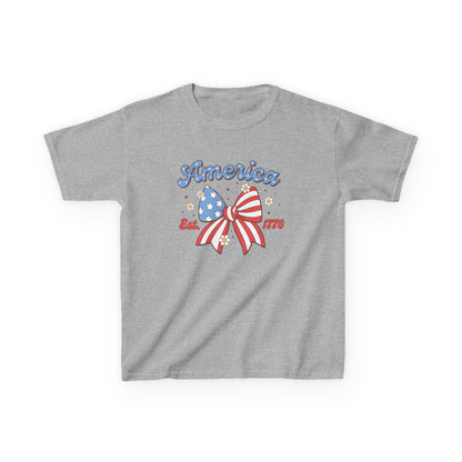 Gray t-shirt with 'America' and flag design on a white background