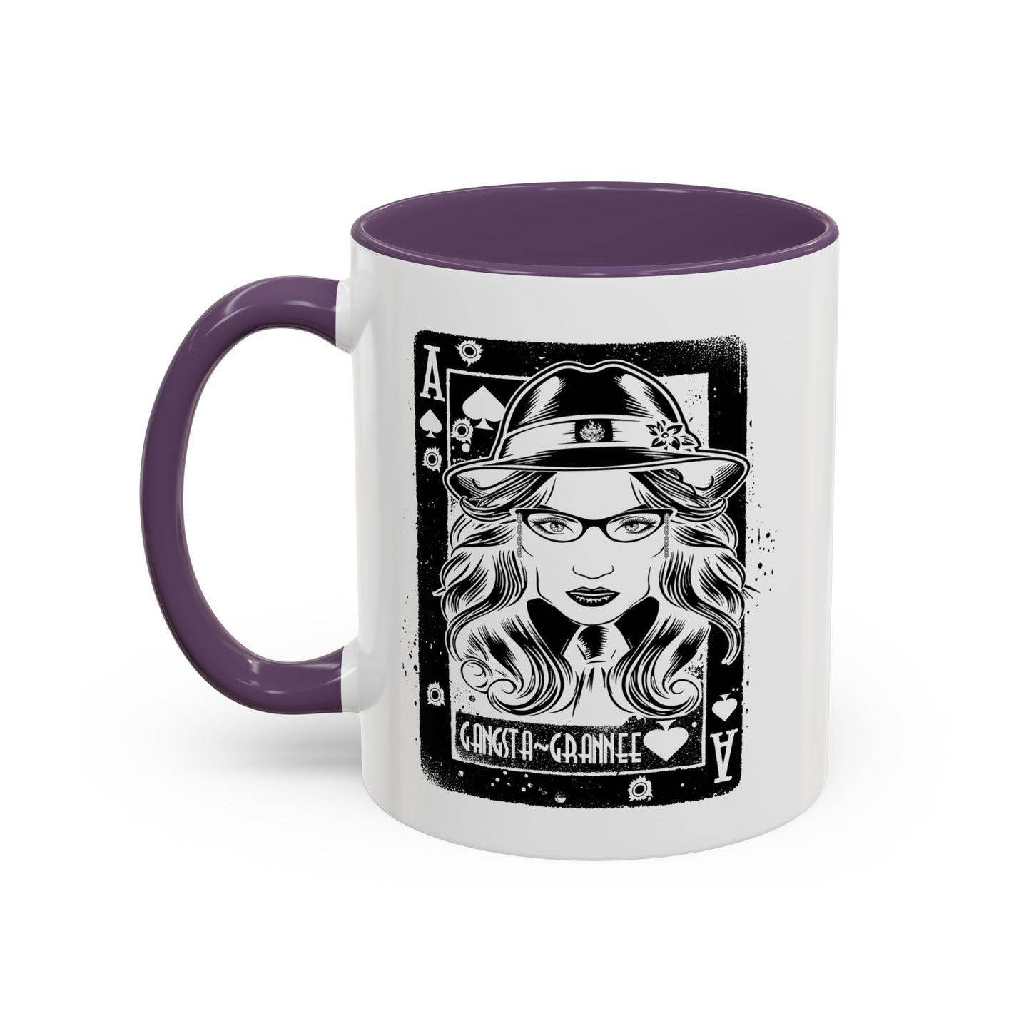 White mug with purple handle featuring a graphic design of a person wearing a hat and glasses, with text on a white background.
