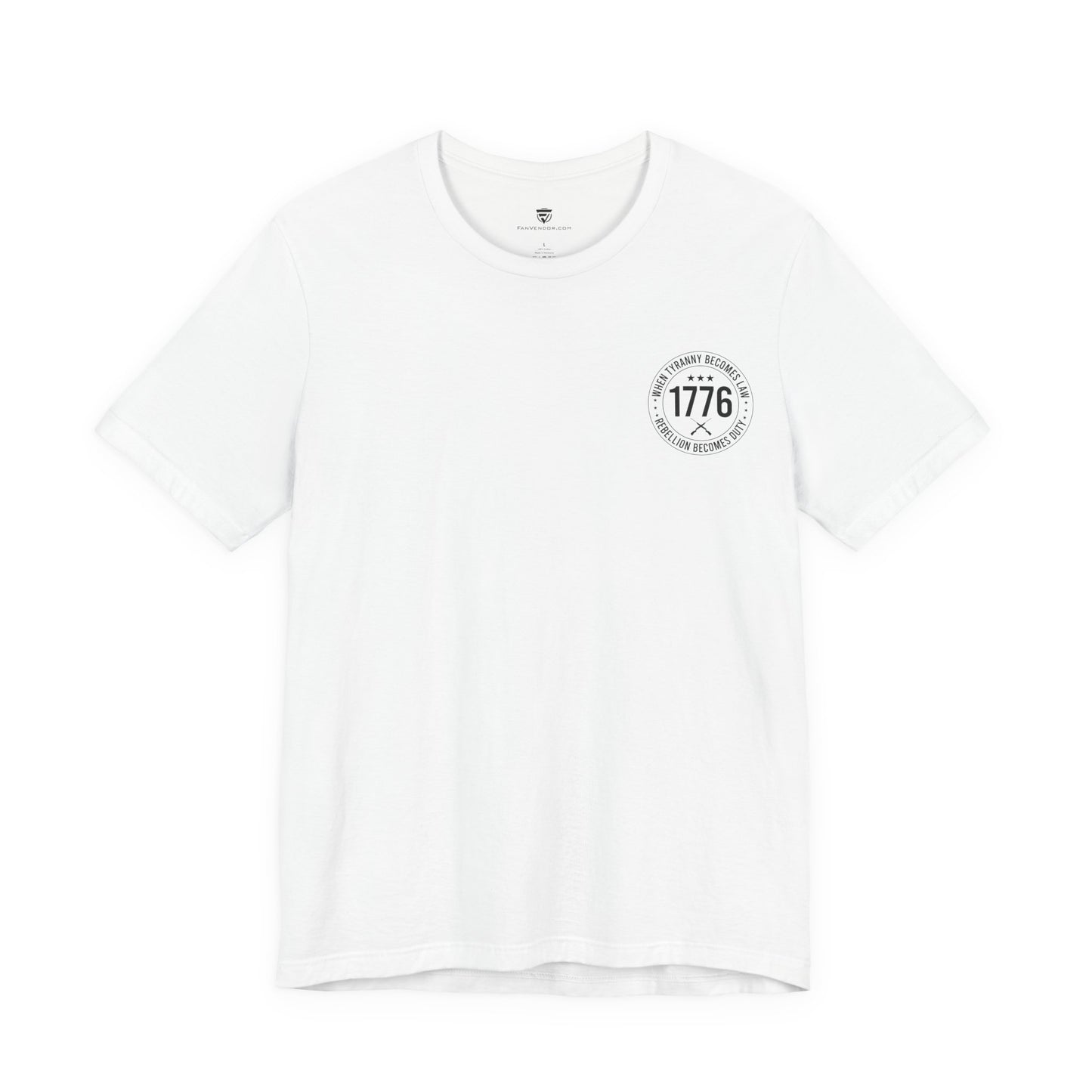 White t-shirt with a black logo on a white background