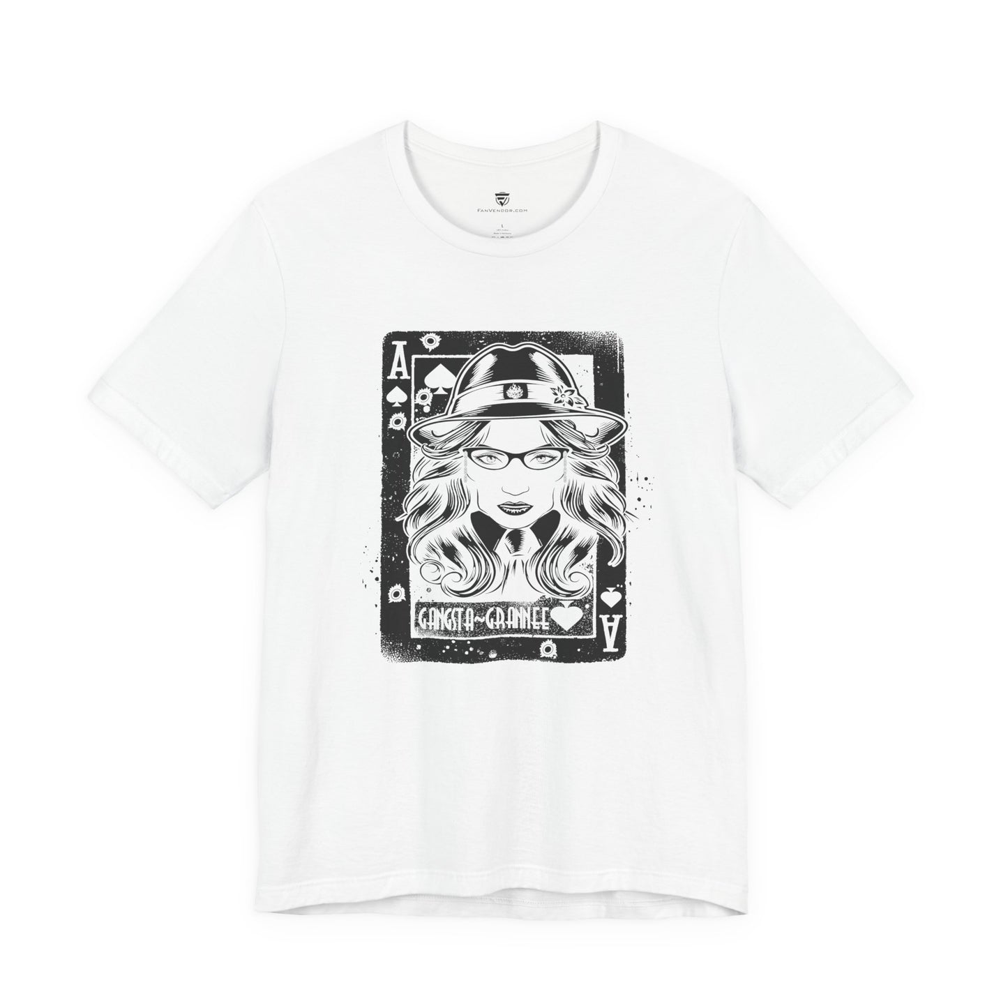 White t-shirt with black graphic design of a person wearing a hat and glasses on a white background