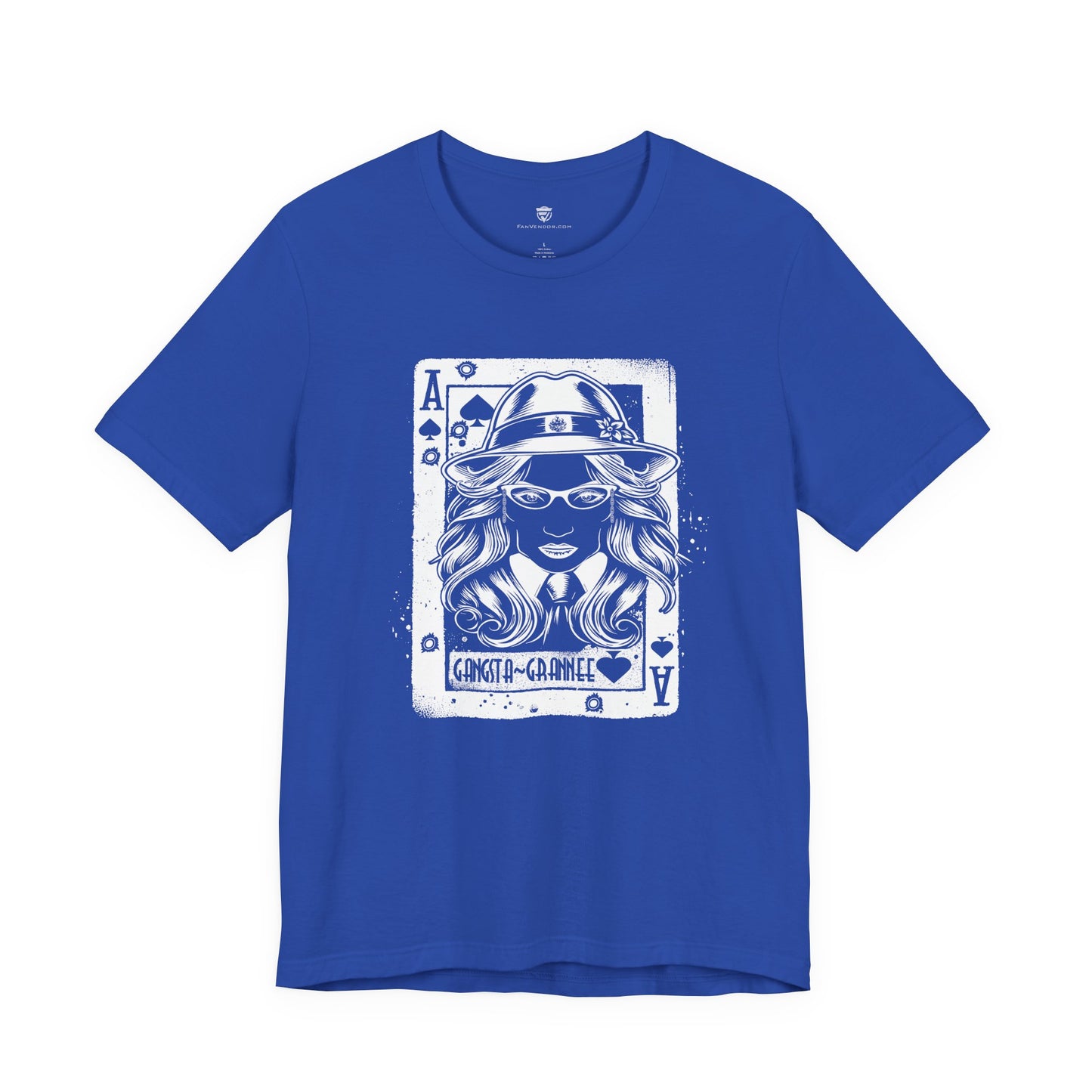 Blue t-shirt with a graphic design of a woman on a playing card face, on a white background.