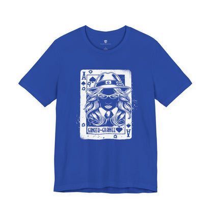 Blue t-shirt with a graphic design of a woman on a playing card face, on a white background.