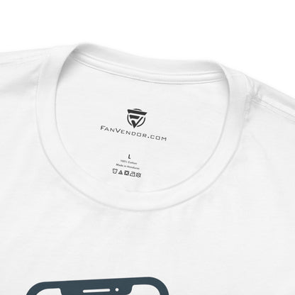 White t-shirt with 'Fanvendor.com' logo and branding details on a white background