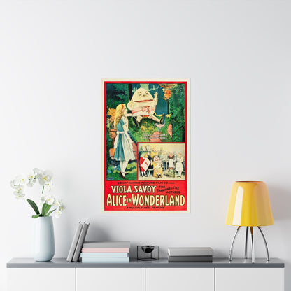 Vintage-style poster of 'Alice in Wonderland' on a wall above a shelf with decor items.