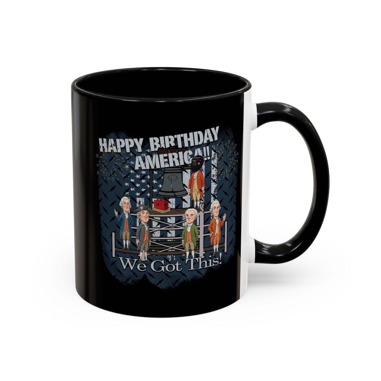 Black mug with graphic design of people around a flag and text on a white background