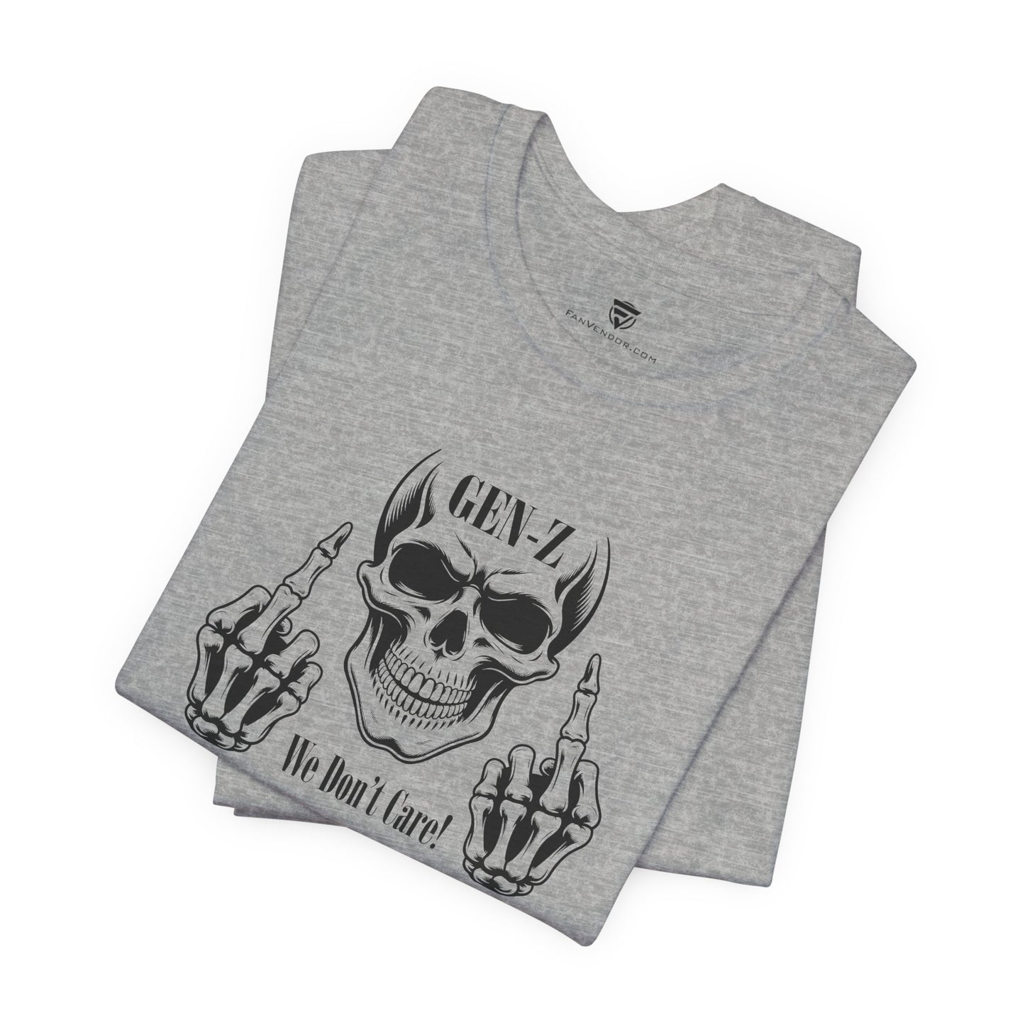 Gray t-shirt with skull and middle finger design on a white background