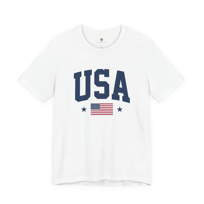 White t-shirt with 'USA' and American flag design on a white background