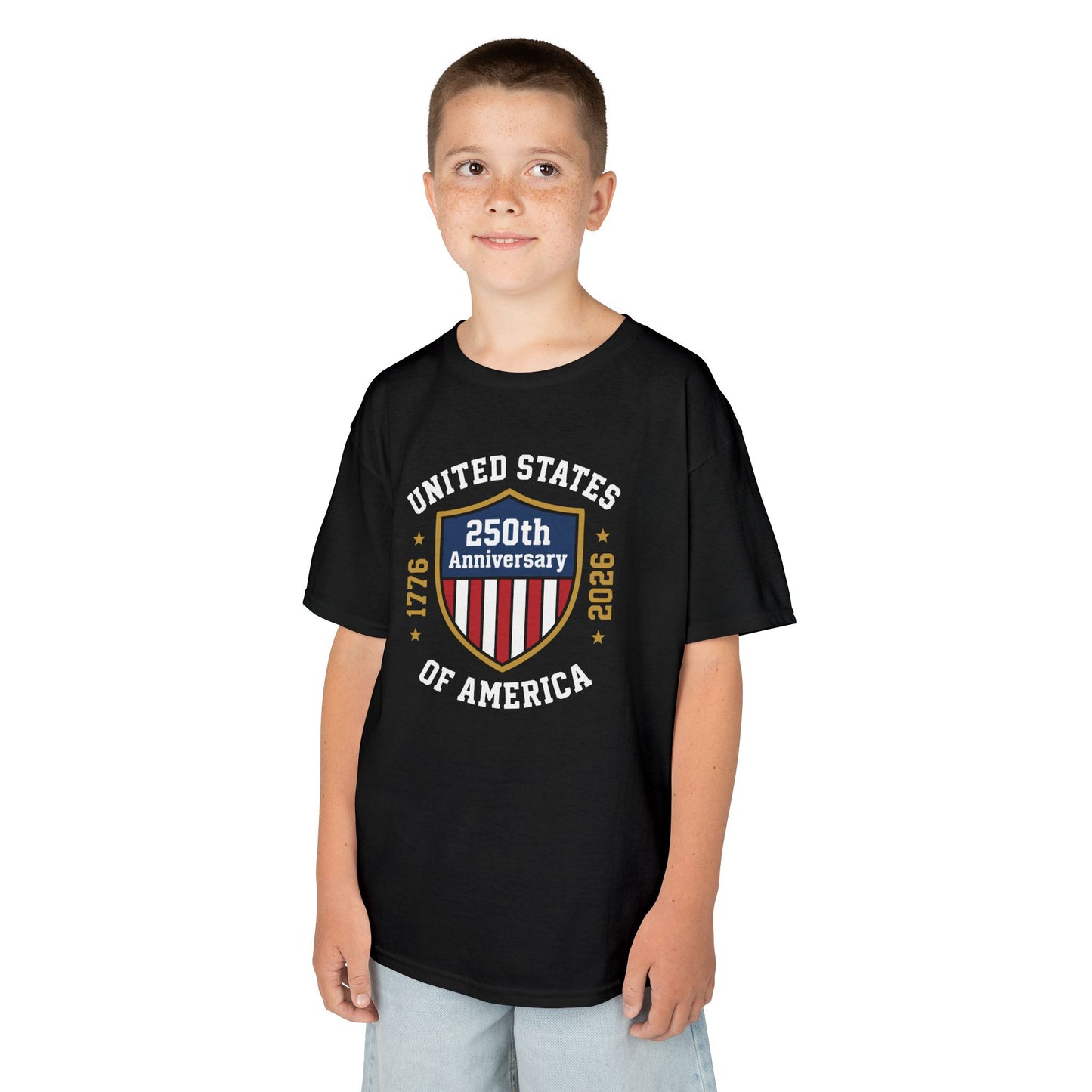 Child wearing a black t-shirt with a 250th Anniversary of the United States design on a white background