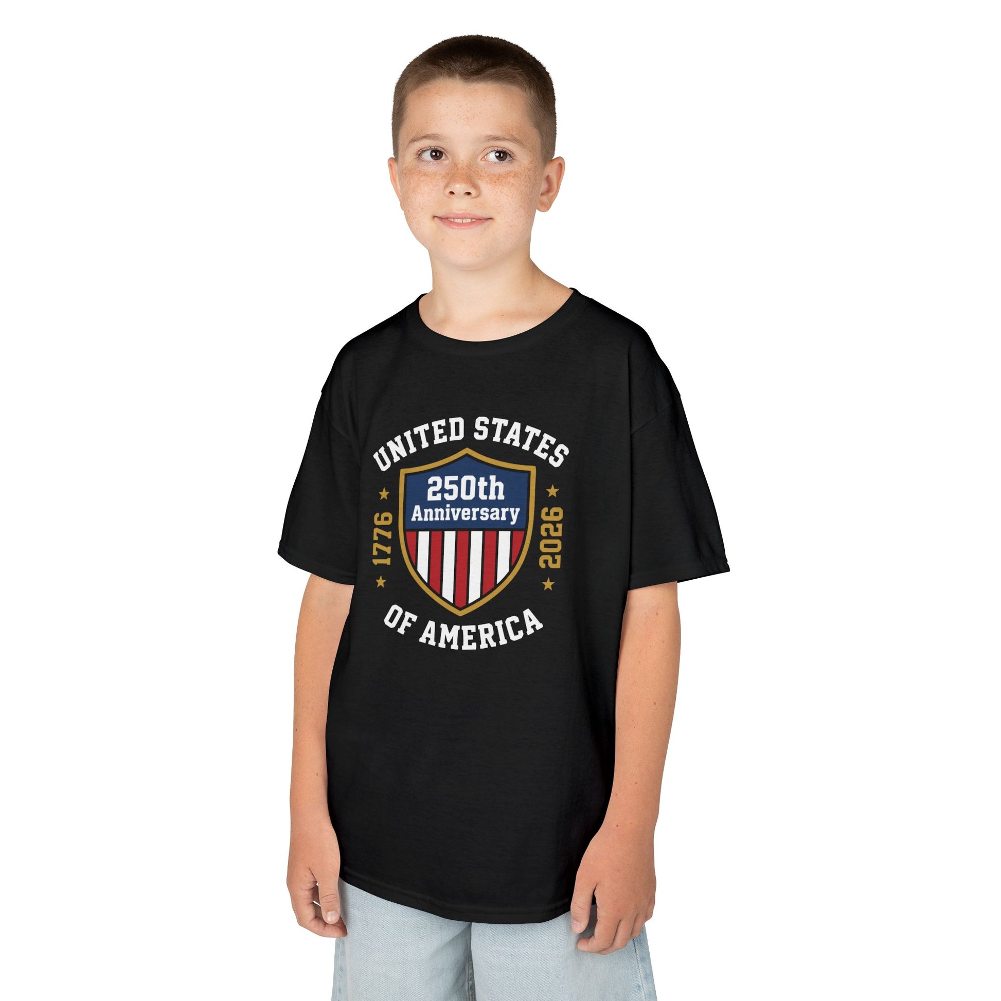 Child wearing a black t-shirt with a 250th Anniversary of the United States design on a white background