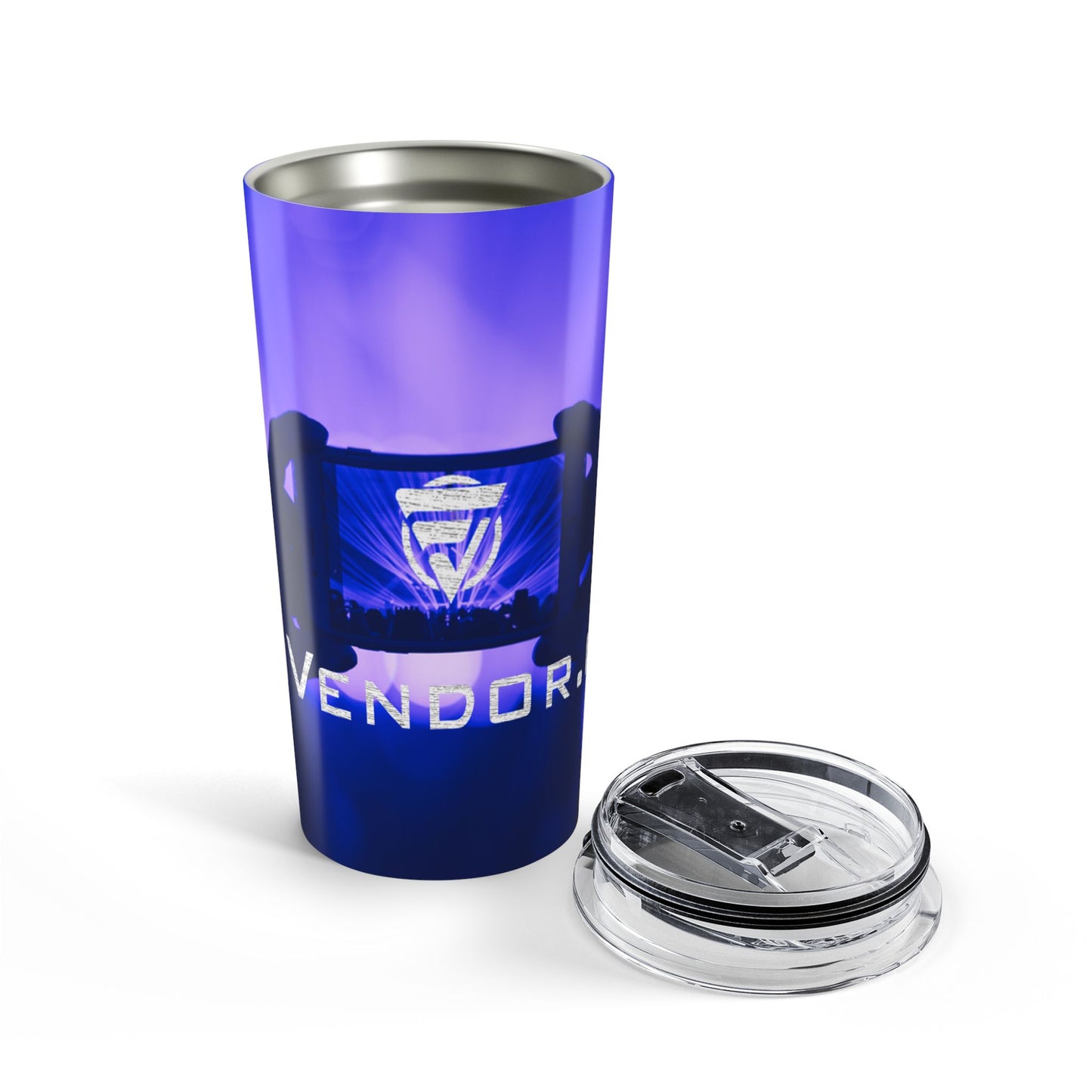 Blue insulated tumbler with clear lid on a white background