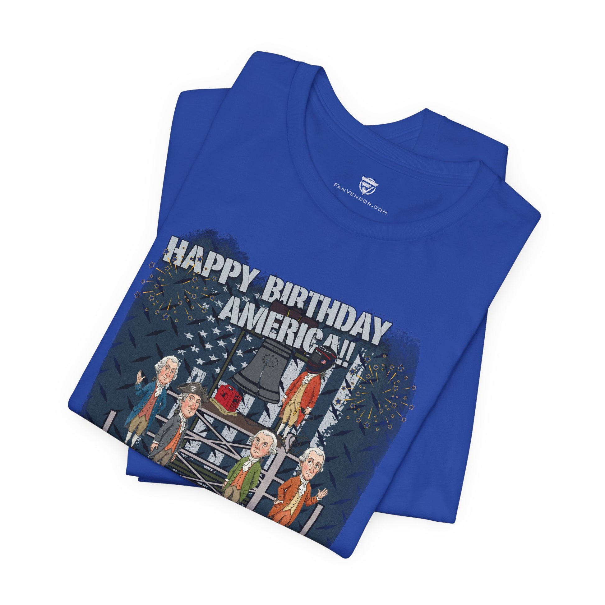 Blue t-shirt with 'Happy Birthday America!' graphic design on a white background