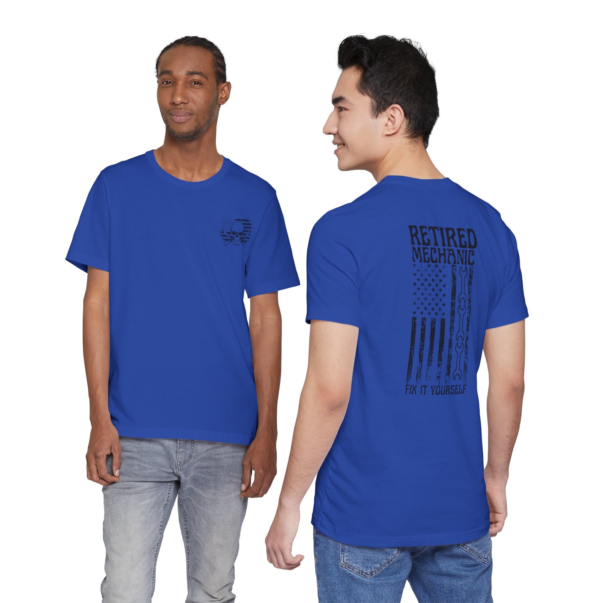 Two people wearing blue t-shirts with text and graphics on a white background