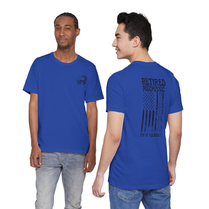 Two people wearing blue t-shirts with text and graphics on a white background