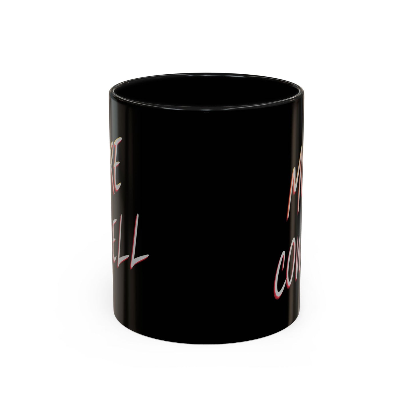 Black mug with pink text on a white background