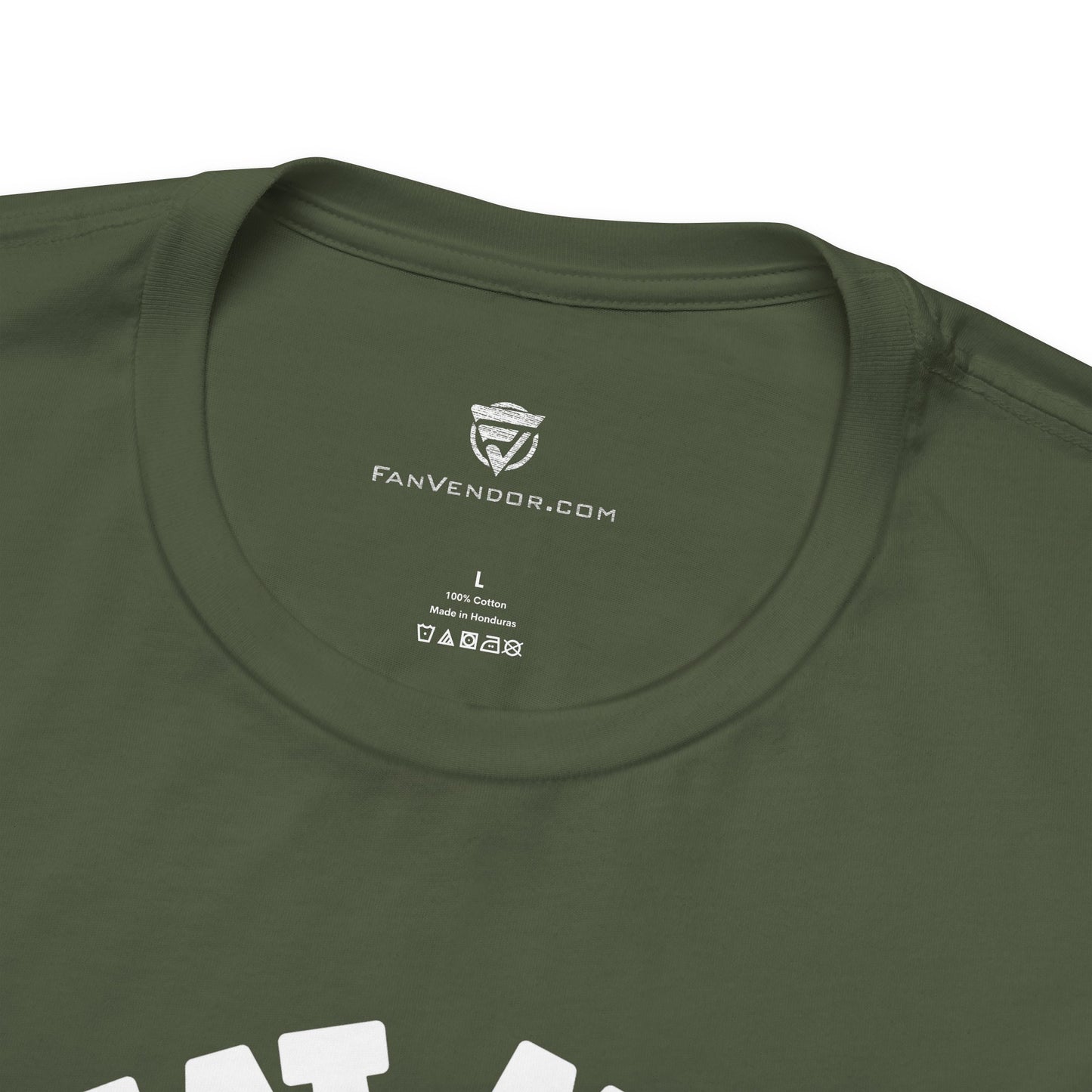 Green t-shirt with 'FanVendor.com' logo and text on a white background
