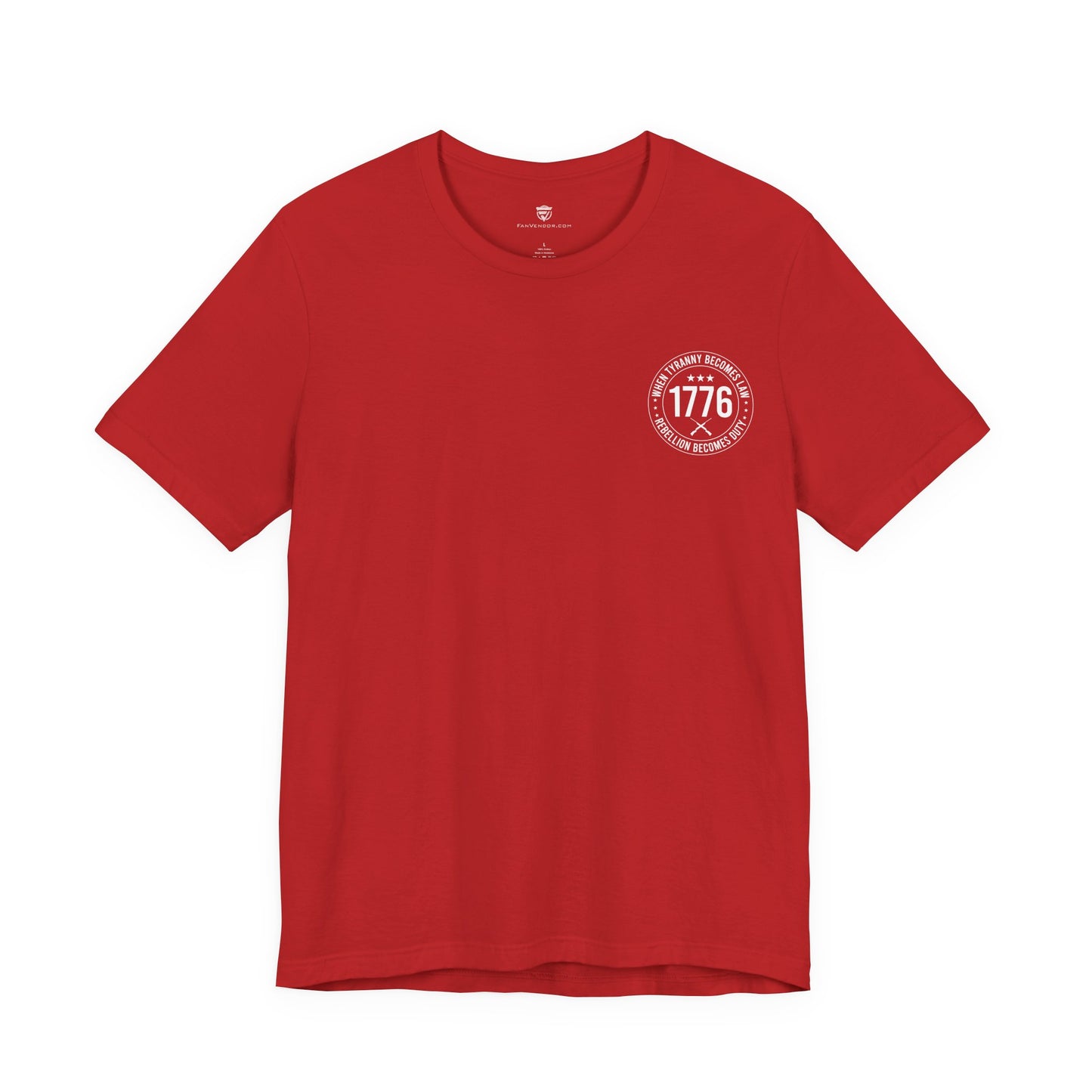 Red t-shirt with a logo on the chest against a white background
