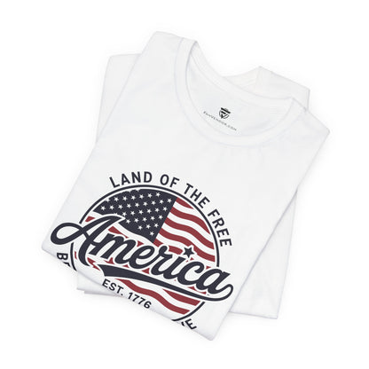 White sleeveless shirt with 'Land of the Free America' graphic design on a white background