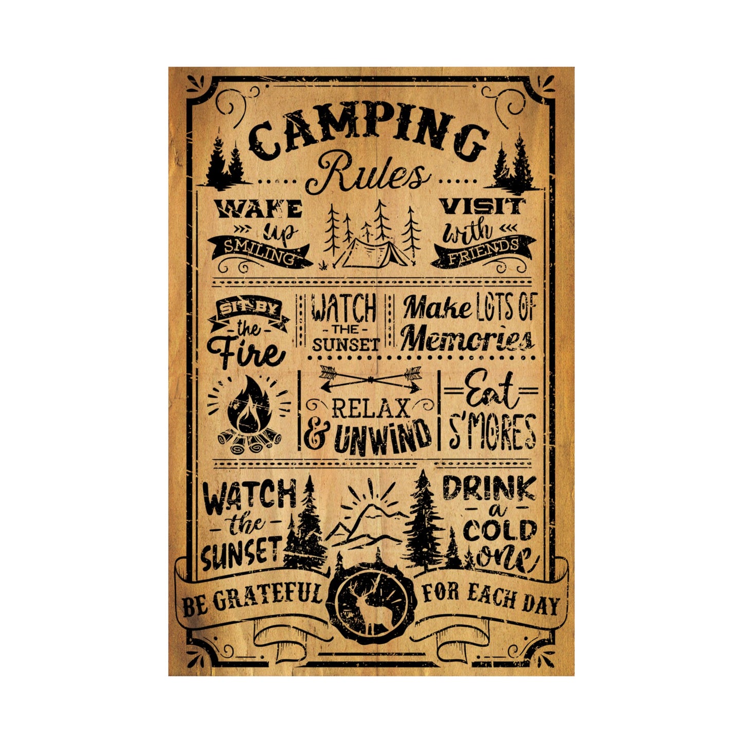 Poster with 'Camping Rules' text and illustrations on a white background