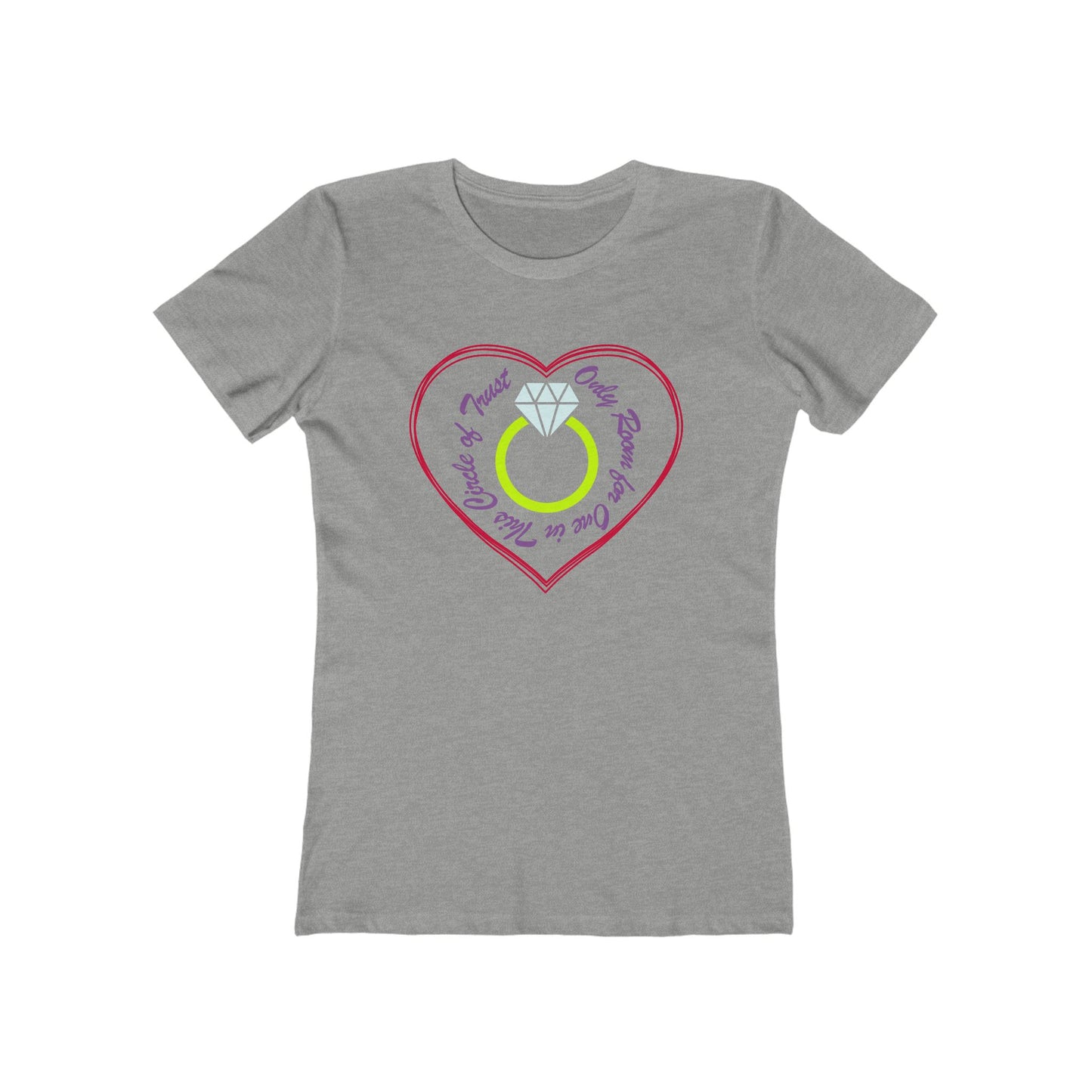 Gray t-shirt with a heart-shaped design featuring a ring and text on a white background