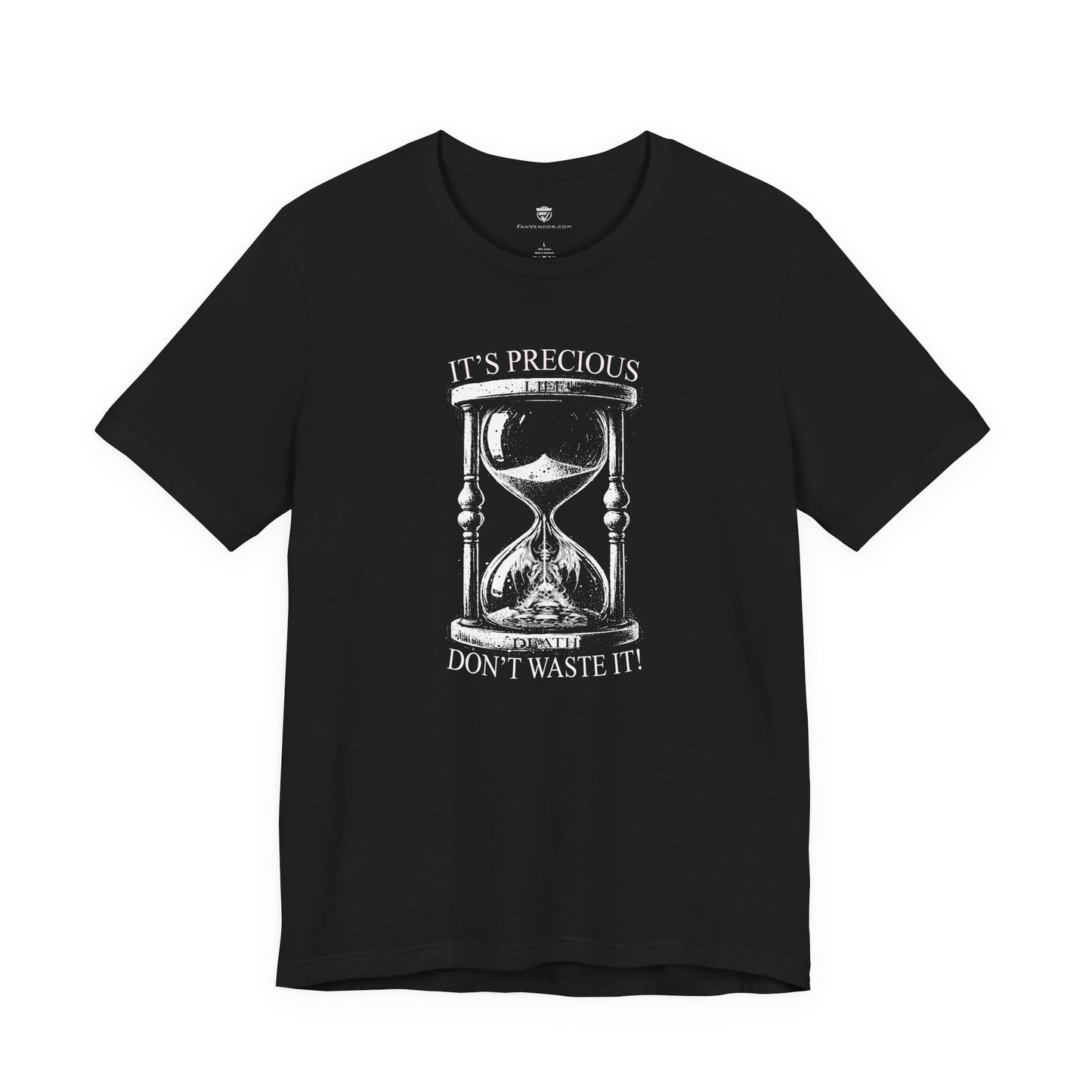 Black t-shirt with hourglass graphic and text on a white background