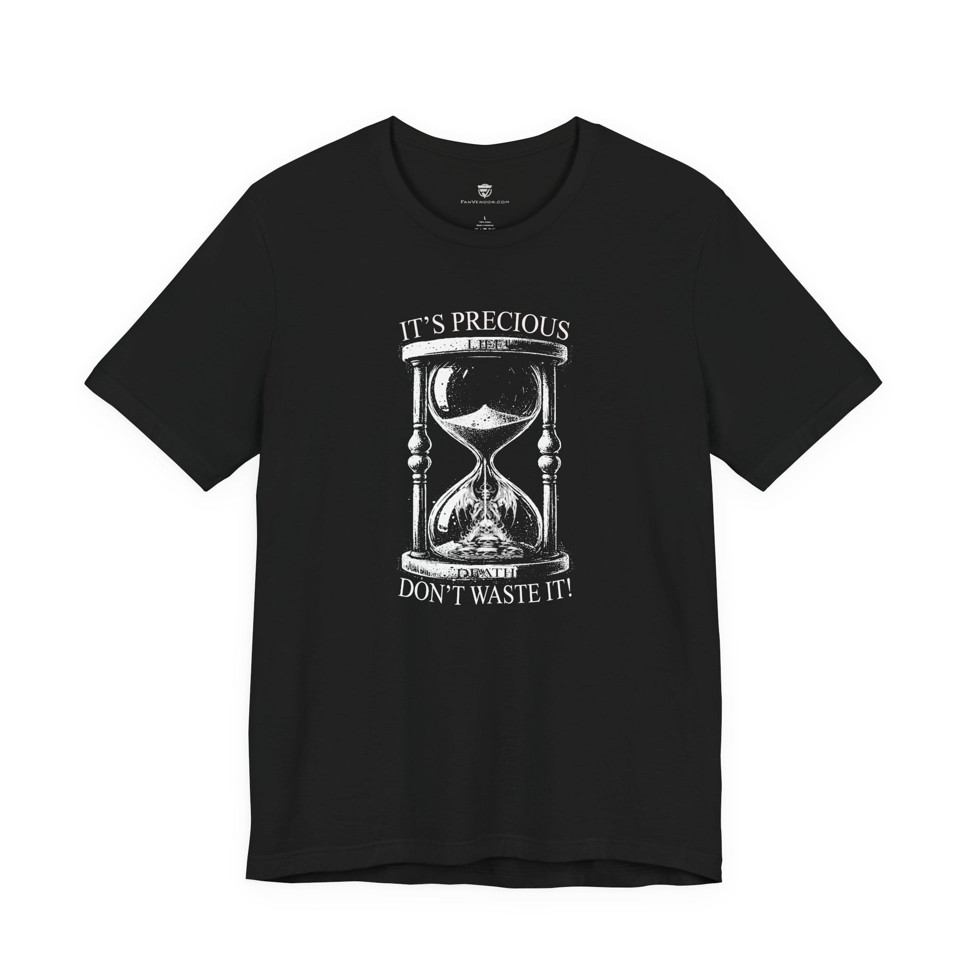 Black t-shirt with hourglass graphic and text on a white background