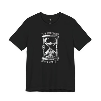 Black t-shirt with hourglass graphic and text on a white background