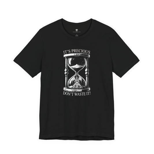 Black t-shirt with hourglass graphic and text on a white background
