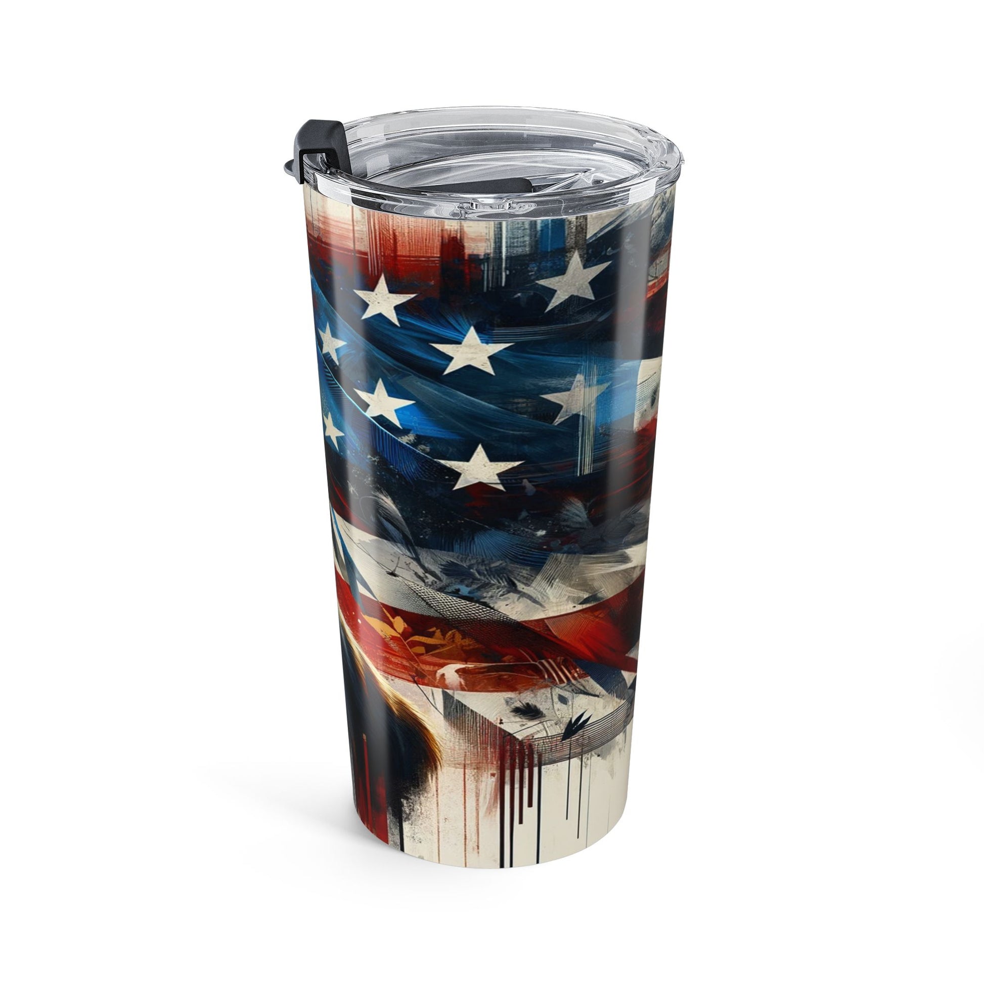 Tumbler with American flag design on a white background