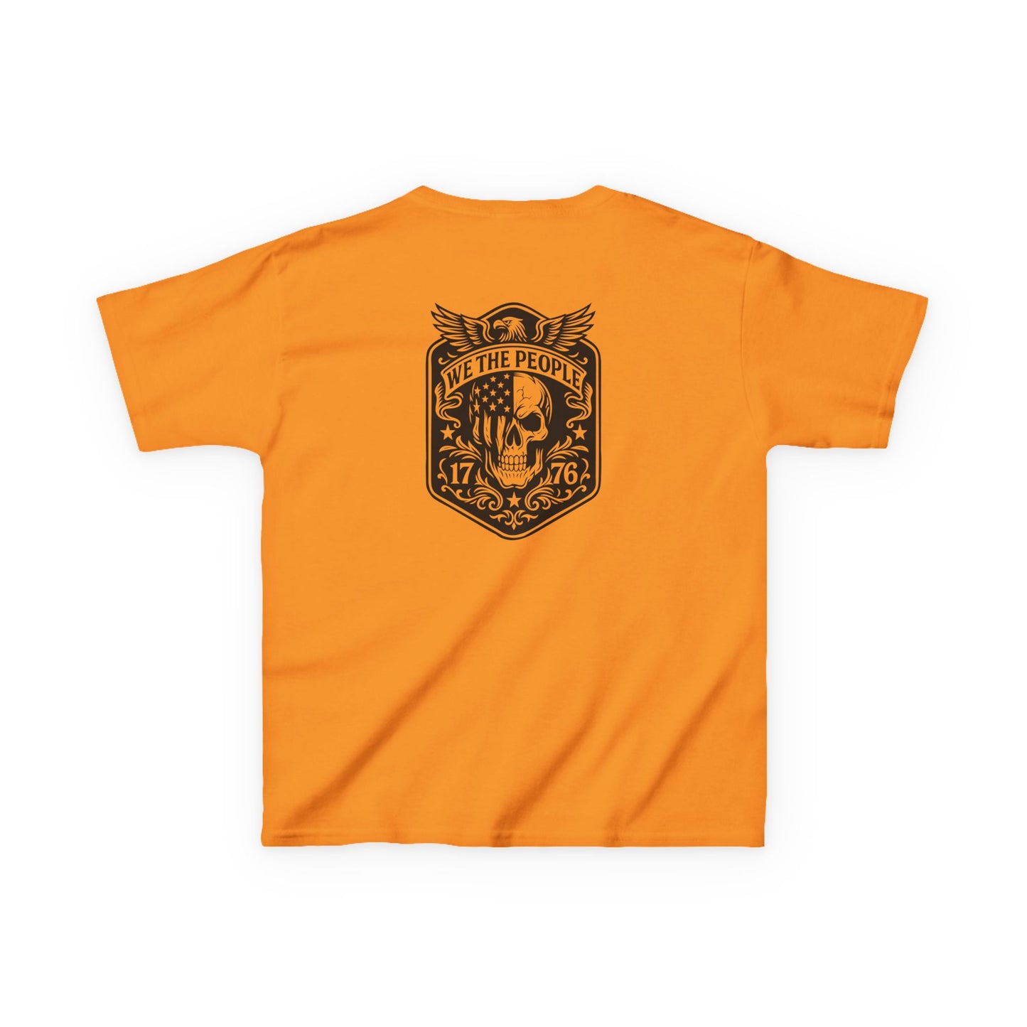 Orange t-shirt with a black graphic design on a white background