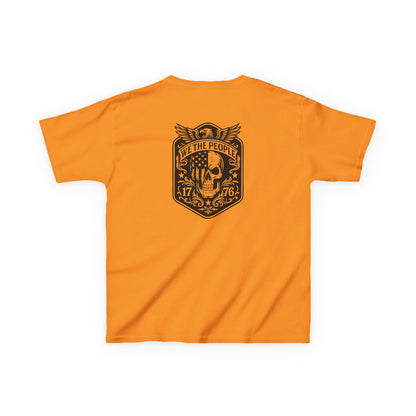 Orange t-shirt with a black graphic design on a white background